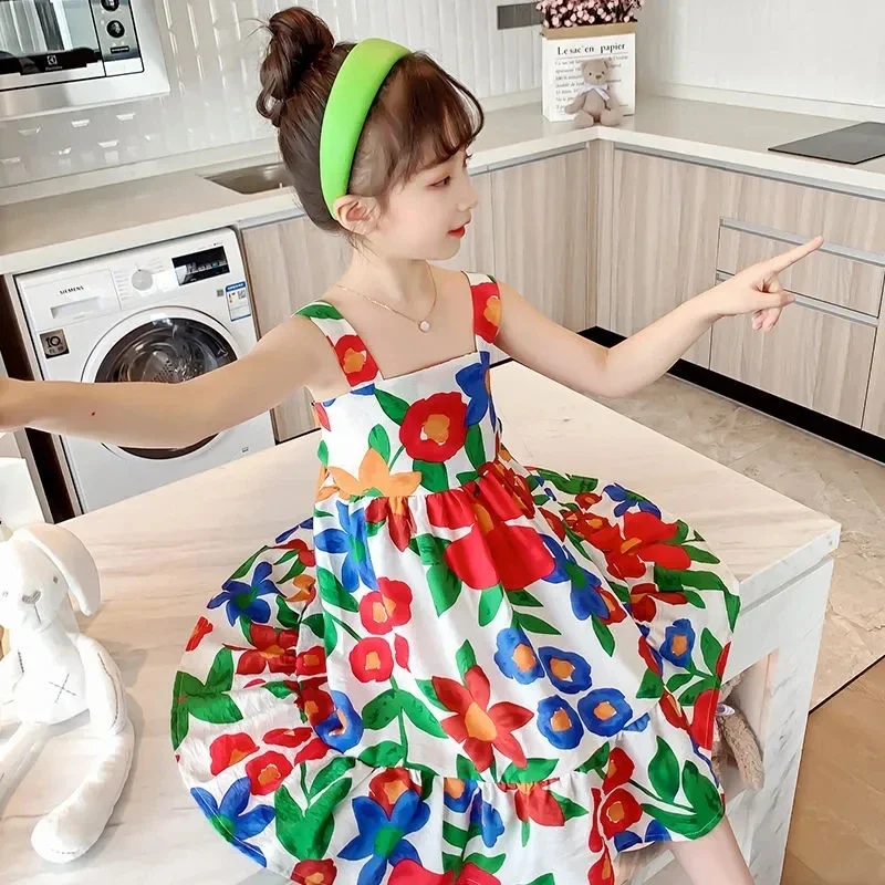 Girls Dresses 2023 Summer Baby Girl Casual Dress Toddler Floral Print Sleeveness Fashion Girls Princess Dresses Kids Clothes