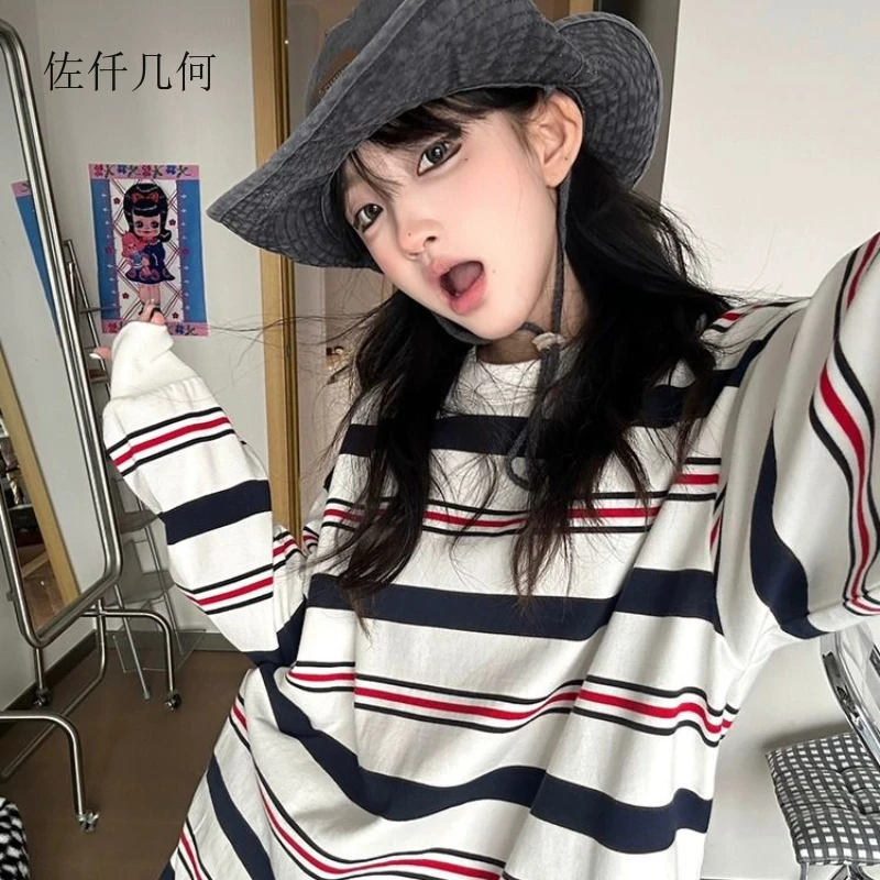 2025 estilo preppy listrado camiseta feminina outono e inverno nova manga comprida solta casal topos mulher