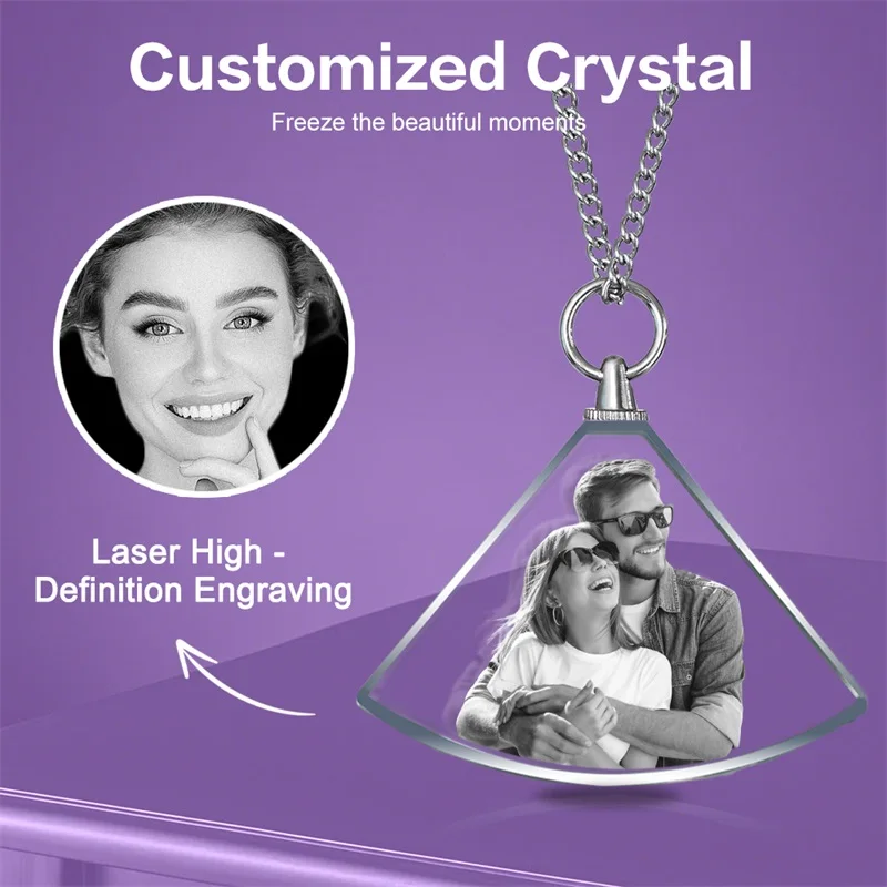 Custom 2D Crystal Photo Personalized Picture Fan-shaped Necklace Gift for Wife,Women, Men, Great Customized Gifts With Photo