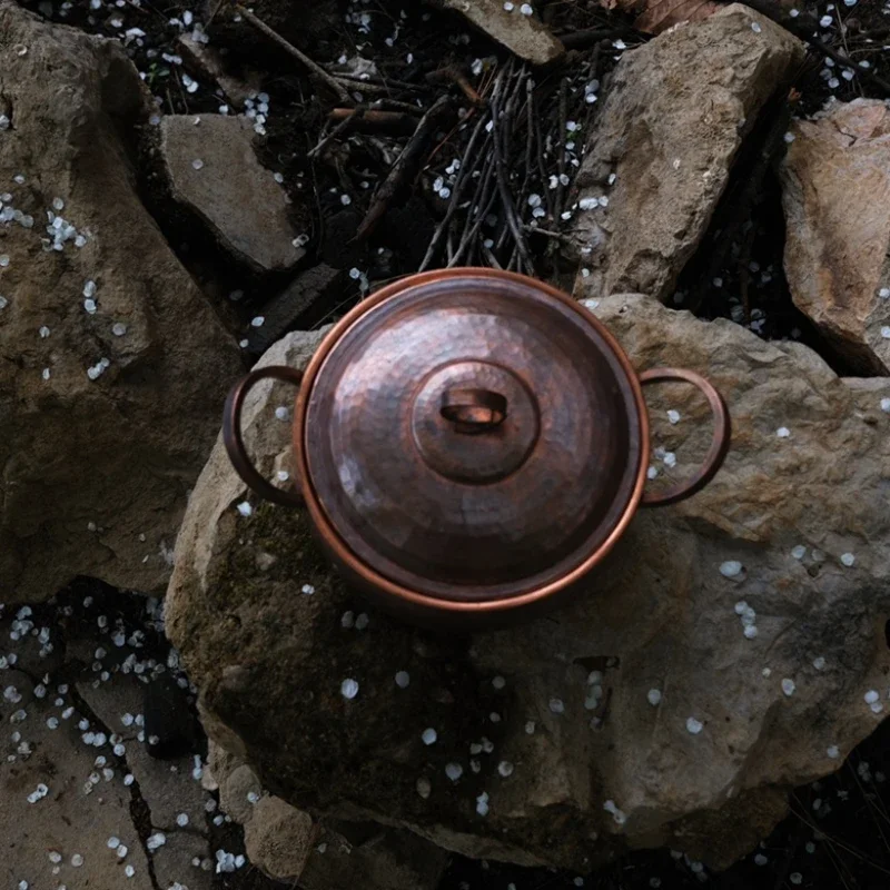 Handmade Red Copper Cooking Pots, Vintage Distressed Stockpot, Non-Stick Soup Cookware, High Quality for Household