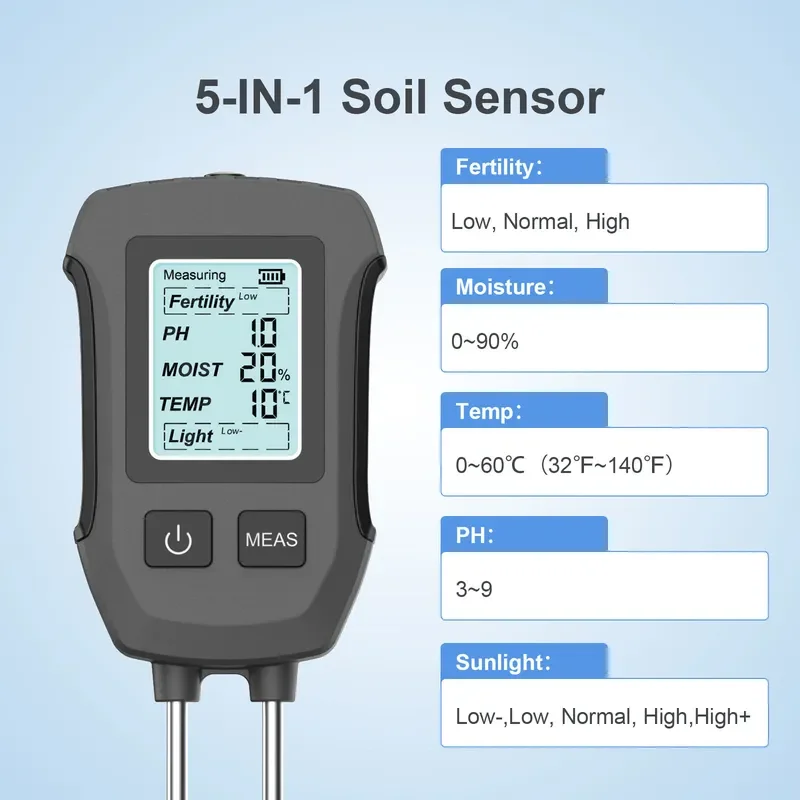 Soil Tester 5 in 1 Moisture Meter for Gardeners High Precision Double Probe PH Temperature Humidity Fertility Light Detector