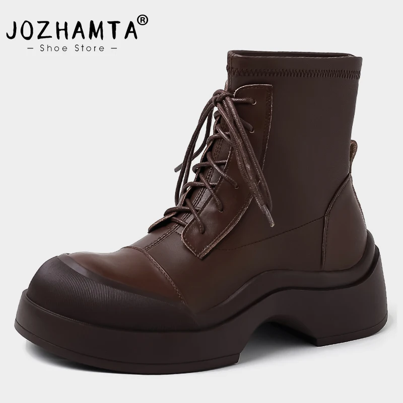 

JOZHAMTA Size 34-39 Women Vintage Stretch Ankle Boots Real Leather Elastic Thick Heel Platform Shoes Fall Winter Strappy Booties