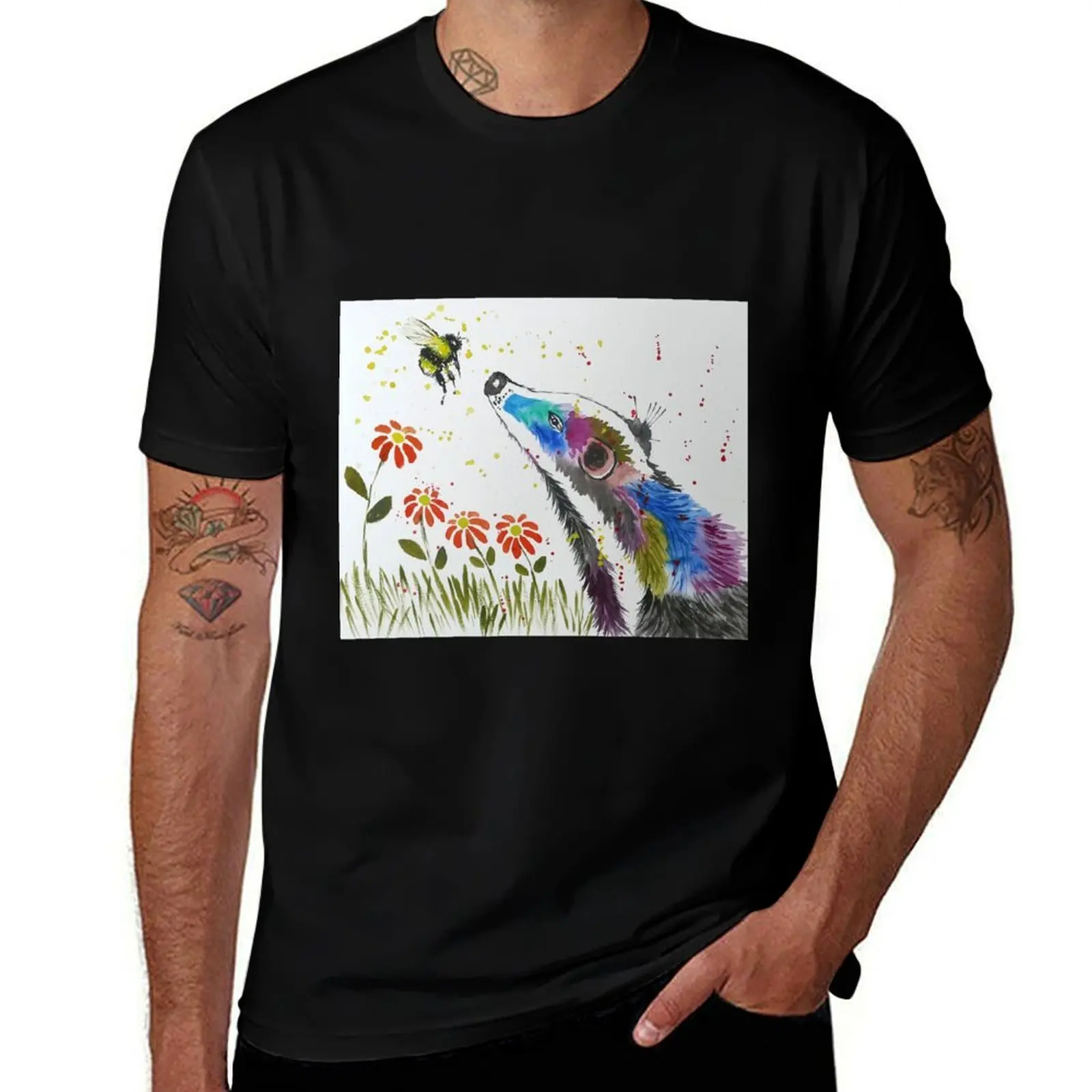 Colourful Badger and a Bee among Flowers T-Shirt t shirts with prints T-Shirt