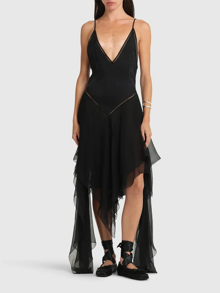 

Deep V-neck asymmetric halter dress Temperament Sexy Black Women's Dresses 2025 Summer New