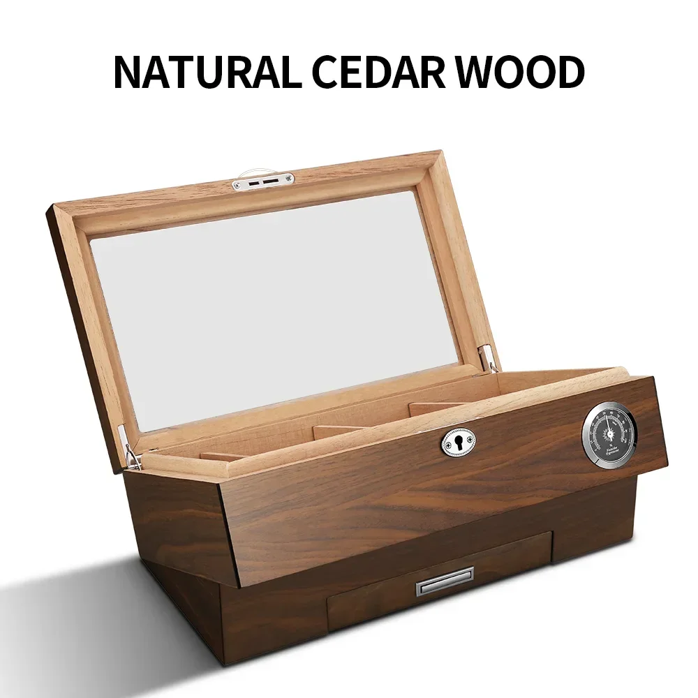 Piano Paint Cigar Display Humidor Cedar Wood Cigar Humidor With Safety Lock Humidifier Hygrometer Glass Top Cigar Display Box