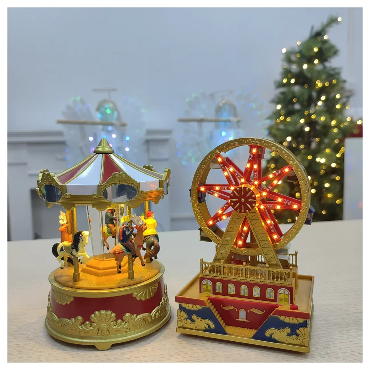 

Mini Musical Animated Carousel or Ferris Wheel for Christmas Indoor Decoration Holiday Birthday Gift for Child