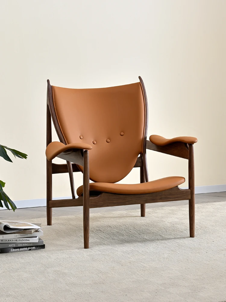

Black walnut leisure chair Nordic solid wood armchair single leather chair