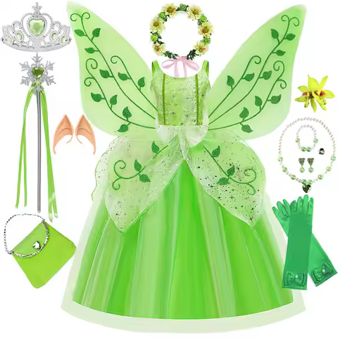 Tinker Bell Costume Classic Elf Movie Tinker Bell Girls Play Fairy Dress Elf Cosplay Green Suspender Skirt With Wings Set