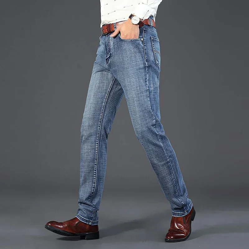 Celana Jeans Pria Musim Gugur Musim Dingin Hangat Berbulu Tebal Berlapis Fleece Vintage Denim Klasik Slim Fit untuk Sehari-hari