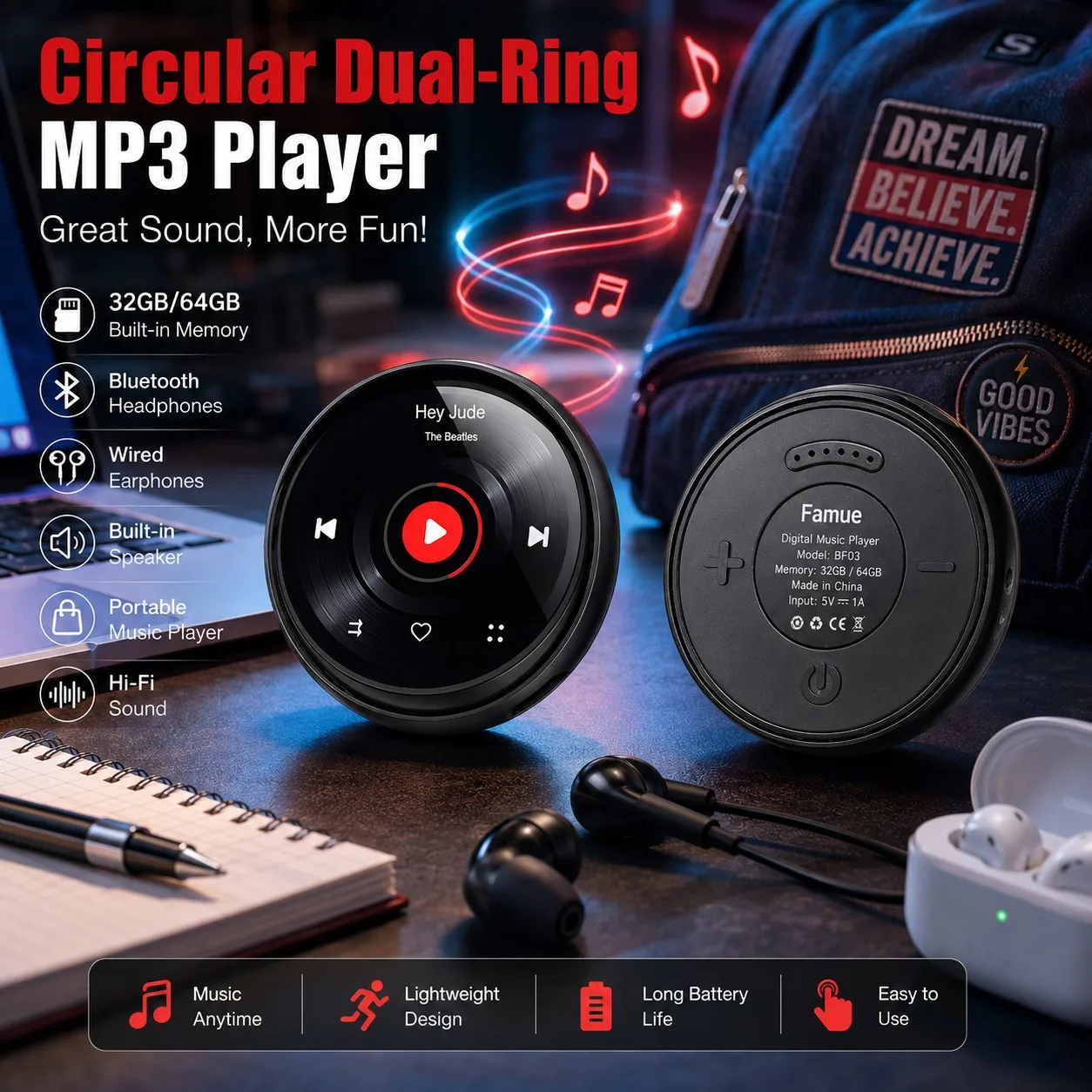 MP3-Player mit Lautsprecher, Bluetooth 5.3, Retro-Design, Vinyl-Schallplatten-Optik, tragbarer Musikplayer, Wecker, Sprachaufzeichnung, 64 GB, Trageschlaufe, 1536 kbps.