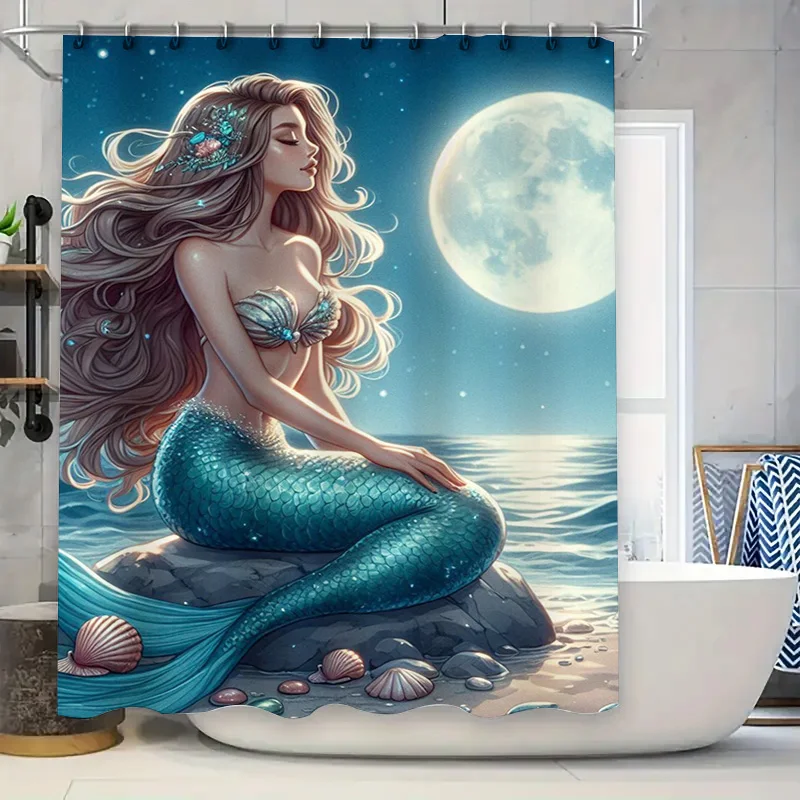 Mermaid Shower Curtain Underwater Kingdom Decor for Bathroom Moonlit Ocean Scene Perfect Gift Idea