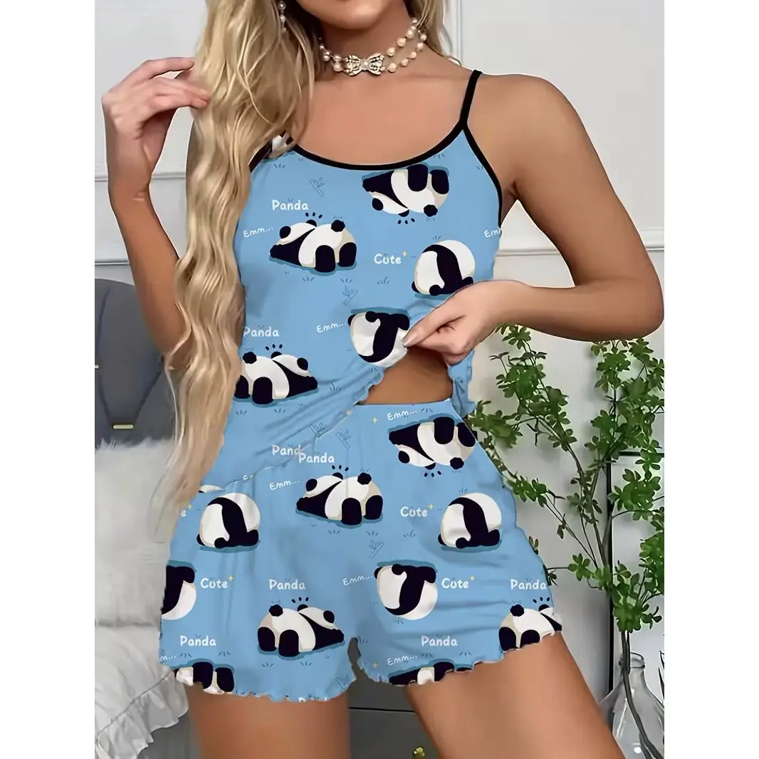 

Suspender shorts loungewear set 2026 new milk silk printing ice silk pajama set summer