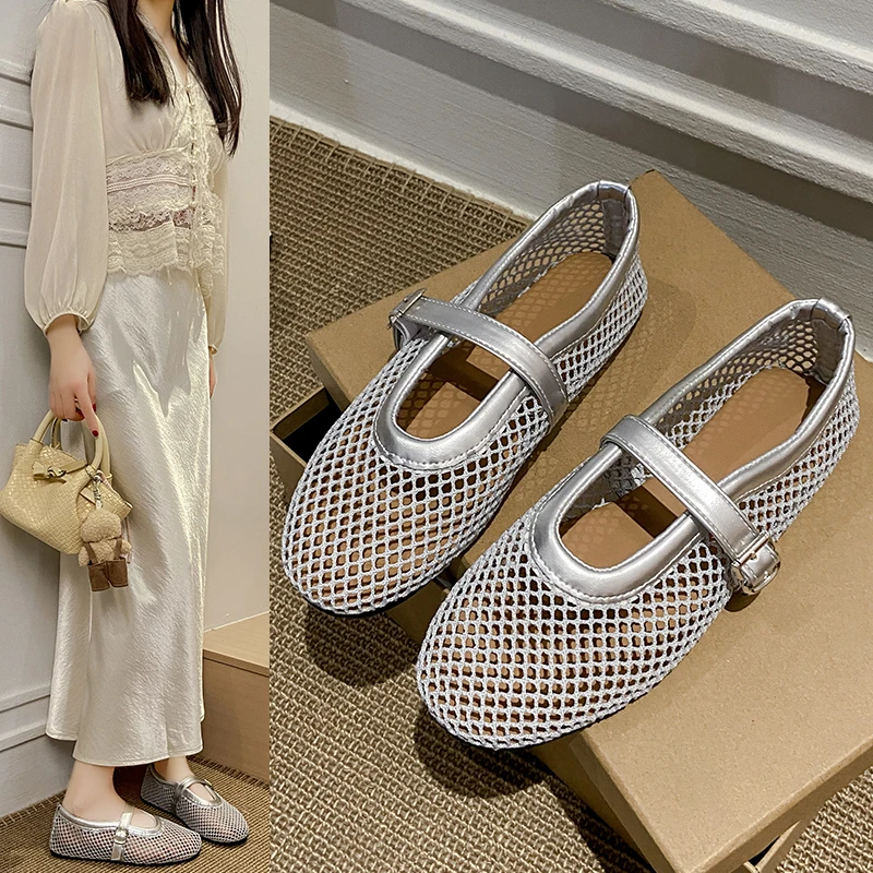 2026 Women's Mesh Cutout Mary Jane Flats Shoes One-Buckle Round Head  Breathable Flat Shoes for Summer Casual Wear Shoes 4741