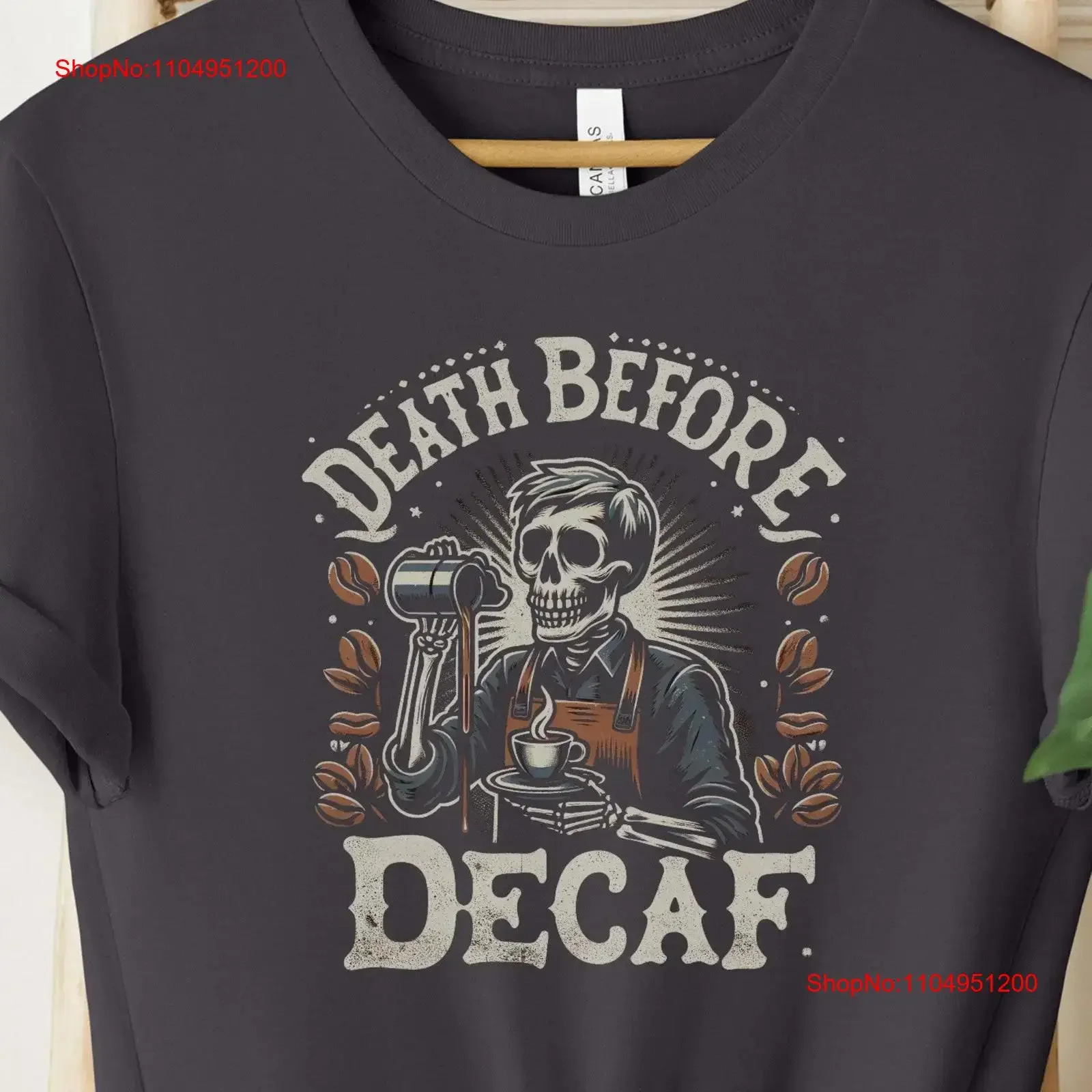 مدمن القهوة الموت قبل Decaf الرعب تي شيرت الكافيين عاشق الجمجمة تصميم الجرونج خمر غسلها موضة عادية #1