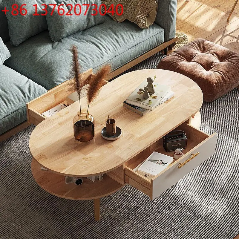 Solid wood living room oval coffee table simple small apartment rock slab pattern tea table