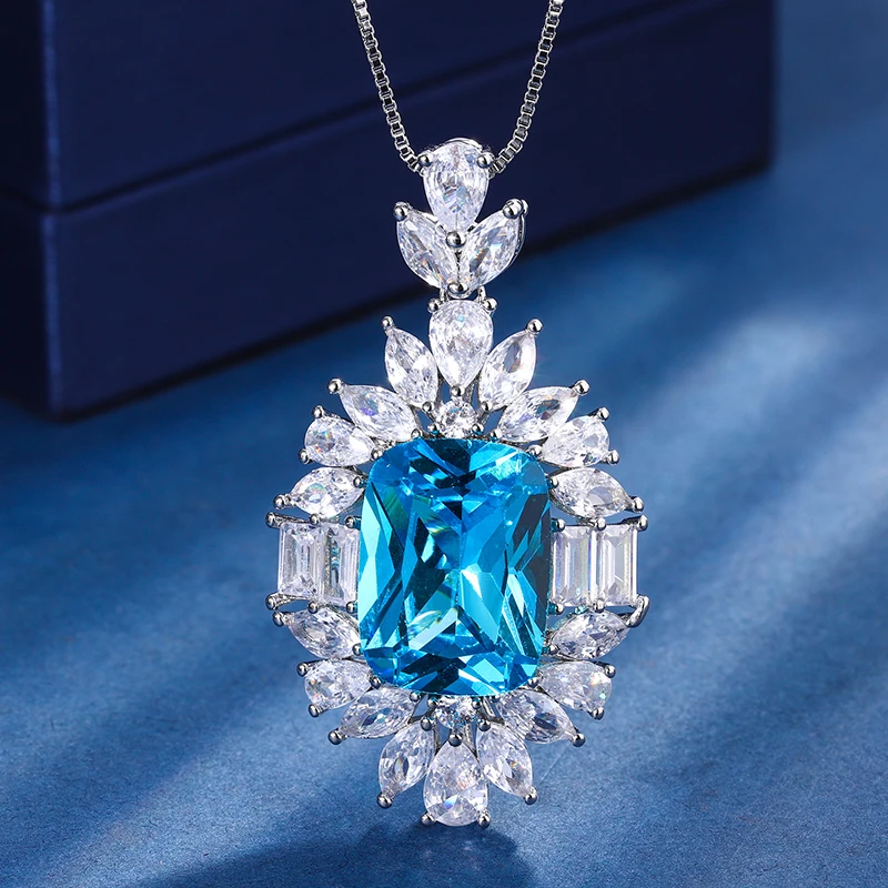 EYIKA Gorgeous Square Created Ruby Sapphire Aquamarine Stone Flower Pendant Necklace Women Fusion Crystal Bridal Fine Jewelry