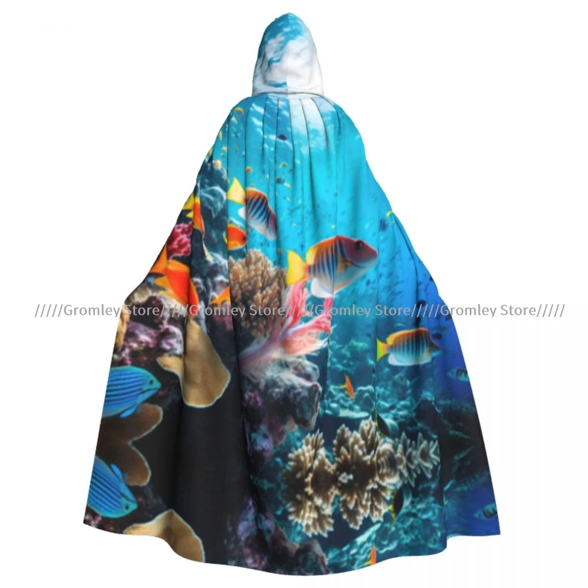 Adult Tropical Fish And Sea Coral Reef Cloak Cape Hooded Medieval Costume Witch Wicca Vampire Halloween Costume Dress Coat