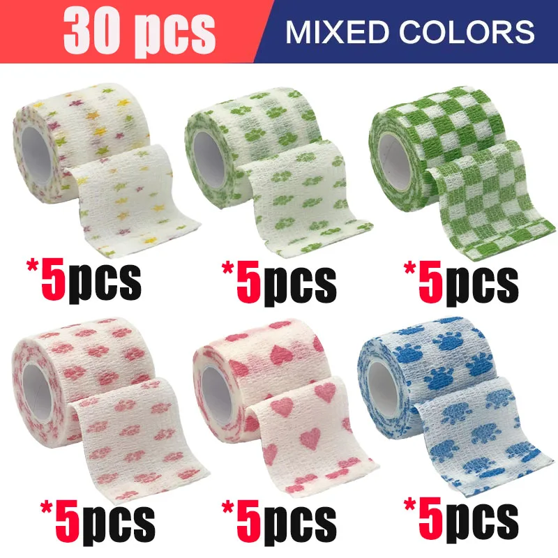 

6-30 шт. 4,8 м Самоклеящаяся эластичная лента с принтом, разноцветная спортивная бинтовая лента для пальцев, суставов, коленей, аптечка первой помощи, лента для животных