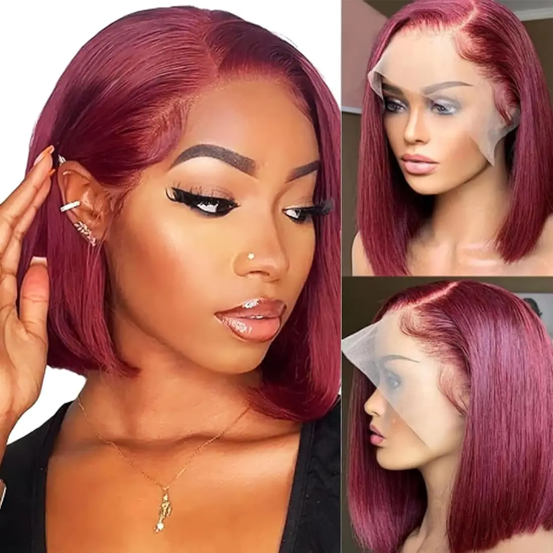 16 Inch 99J Burgundy Straight Bob Wigs Human Hair 7x5 Lace Frontal Glueless Wear And Go Pre Cut Short Wig 13x4 HD Transparent Lace Front Human Hair Wigs 100% Preplucked Prebleached Brazilian Virgin Hair 200 Density Ready To Wear