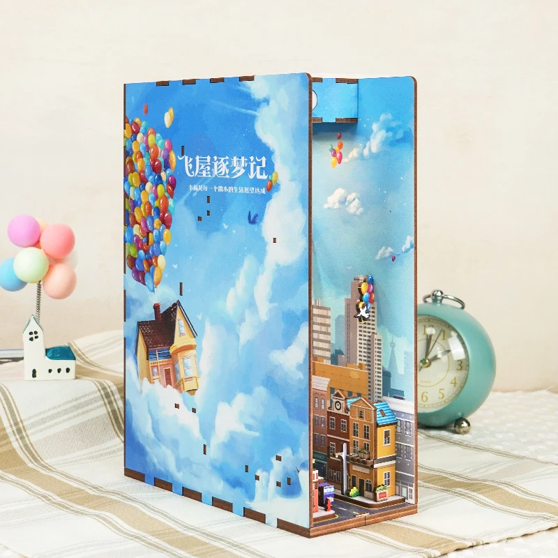 DIY Book Nook Wooden Miniature Building Kit Flying House Pursuing Dreams Bookend Assembled 3D Puzzle Bookshelf Christmas Gift