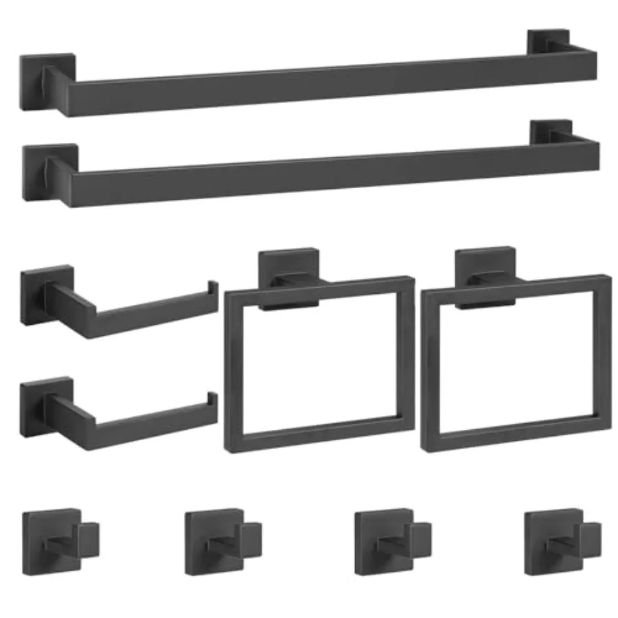

10-Pieces Bathroom Hardware Set - Matte Black Bathroom Accessories 24 Inch Towel Bar Square Towel Ring Toilet Paper Holder Towe
