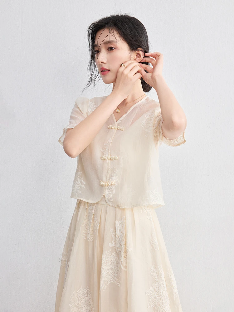 SENTUBILA 2025 Chinese Style Suits Women's 2 Piece New Matching Sets Short Sleeved Tops Suspender Dress Summer Outfits 152ZC2797