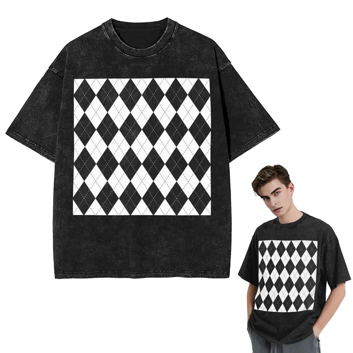 

Streetwear T-Shirts Diamond Shaped Geometric Pattern (5) Washed T Shirt Short Sleeve Hip Hop T-Shirt Tops Tees for Men Women