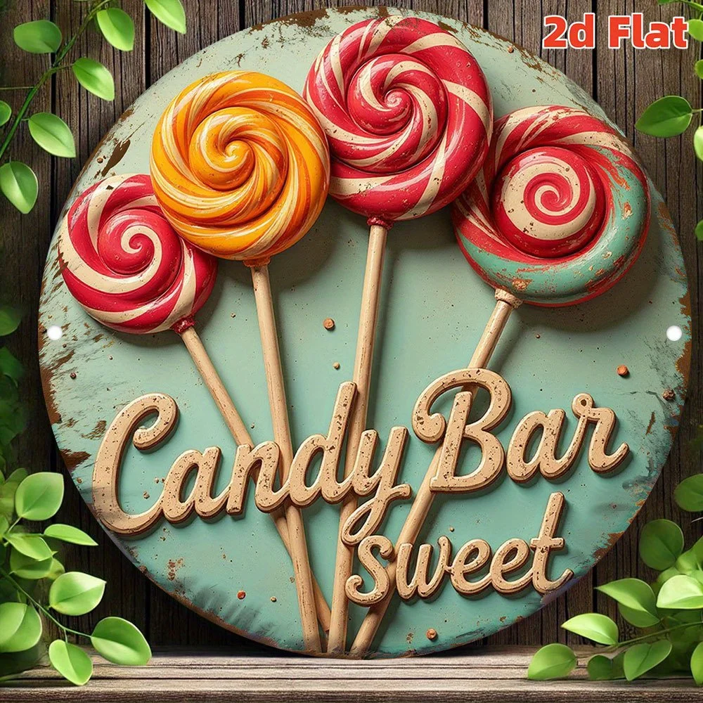 Letrero de metal redondo vintage "Candy Bar Sweet" - Arte de estaño de aluminio plano 2D con detalles grabados, impresión de alta definición, resistente al agua