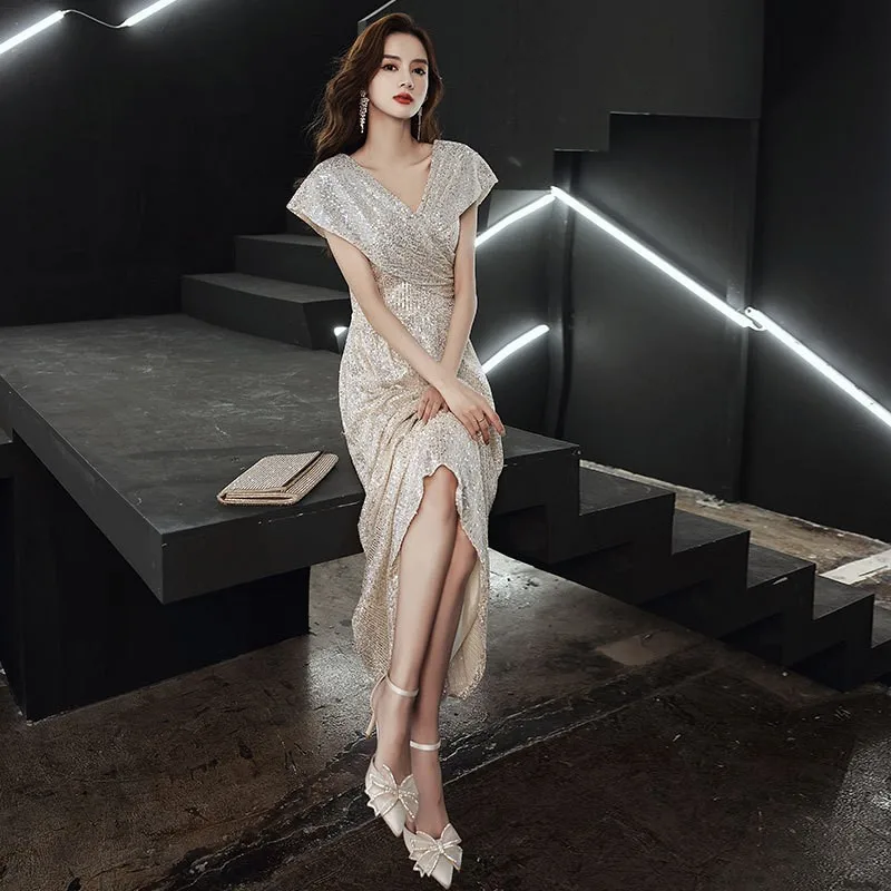 European and American Banquet Evening Dress2025new Champagne Color Sequin Temperament Queen Aura Socialite Host Dress Looks Slim