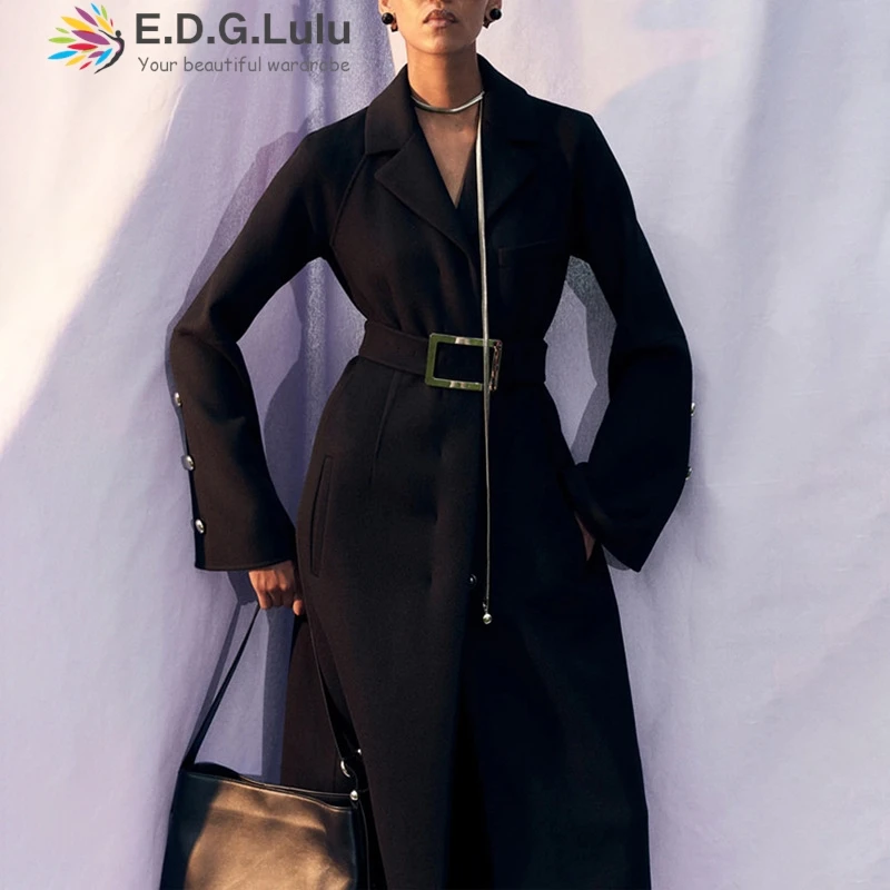 

EDGLuLu Fall 2025 Fashion Woman Turn-Down Collar Long Windbreaker Jacket Ladies Black Long Trench Coat 1005