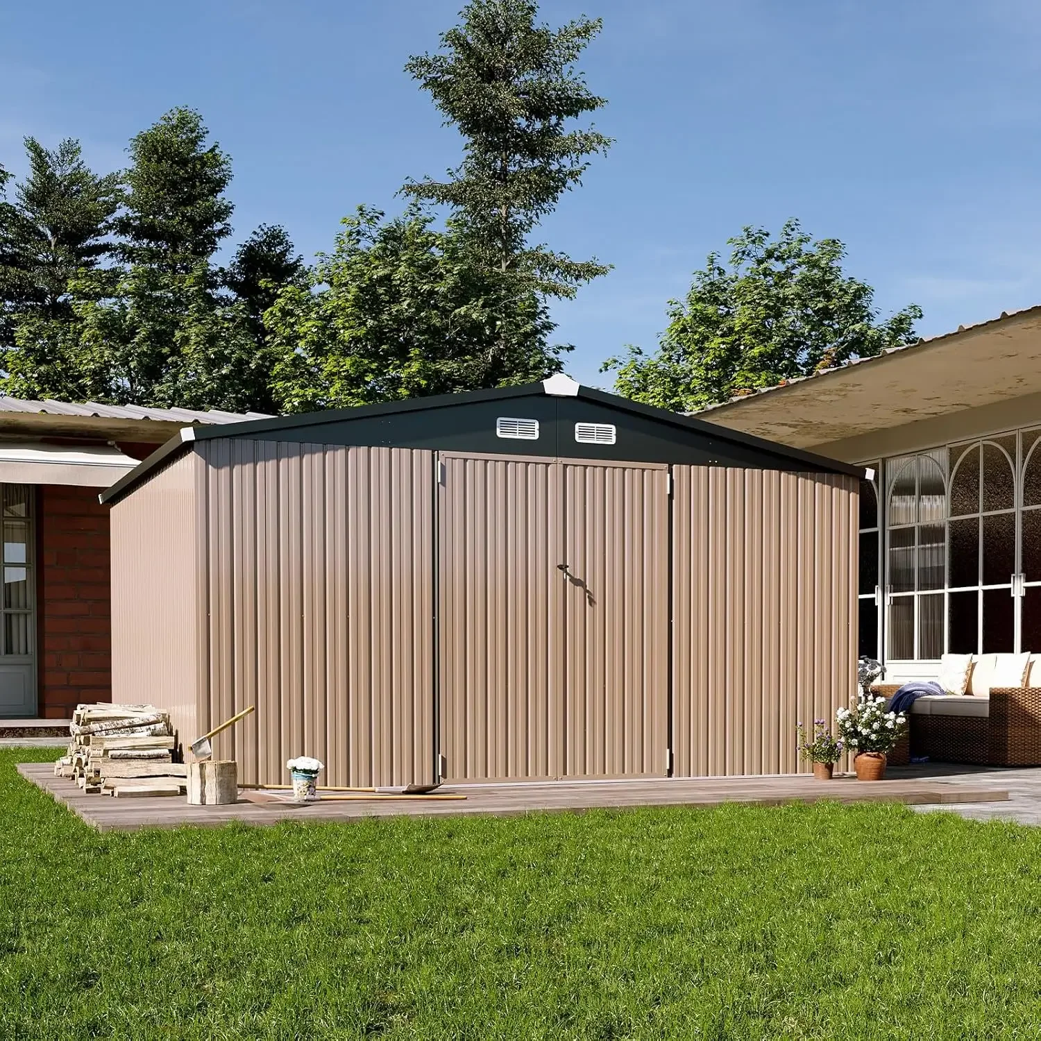 

12x10 FT Shed Metal Outdoor Waterproof Storage Shed Steel Utility Garden Tool Shed