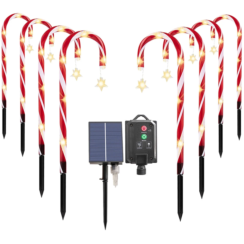 Solar Candy Cane Pathway Light 8 Lighting Modes Christmas Crutch Light Decor IP65 Waterproof Solar Lawn Lamp for Christmas Party