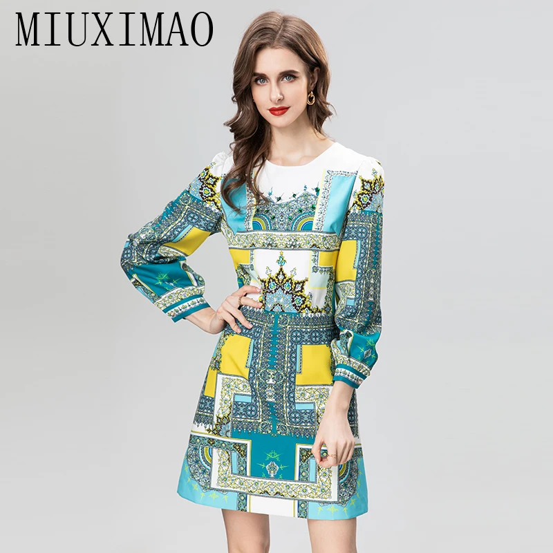 

MIUXIMAO 2023 Woman Clothing Long Sleeve Flower Diamonds Above Knee Retro One Piece Dress women's Luxury Party Dress