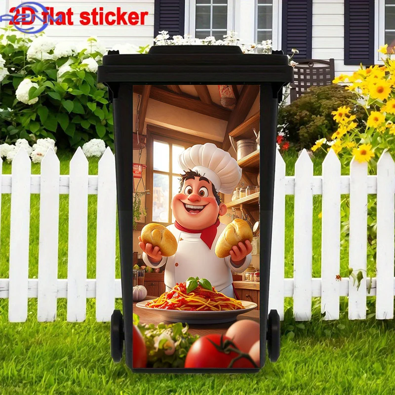 Cheerful Cartoon Chef Trash Can Stickers Art, Spaghetti with Sauce and Bread Peel and Stick Stickers, Kitchen Scene Trash Can