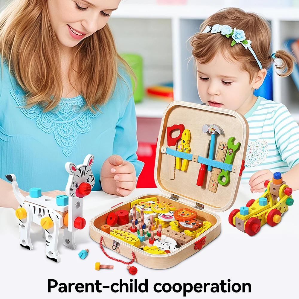 Kinder-Werkzeugkasten Kreatives DIY-Spielzeug Schrauben- und Muttern-Entfernungs-Set Holzbausteine für Jungen und Mädchen mit Aufbewahrungsbox für Kinder von 3-6 Jahren – Detail 5