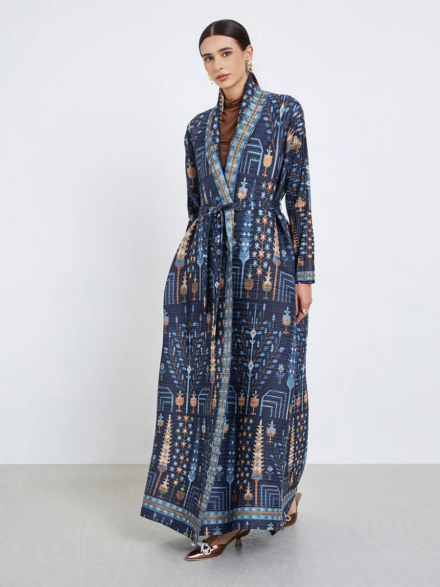 GGHK Women Abaya Retro Printed Cardigan with Lace Up Design Loose Plus Size Luxurious Long Coat 2026 New Female Holiday Clothing