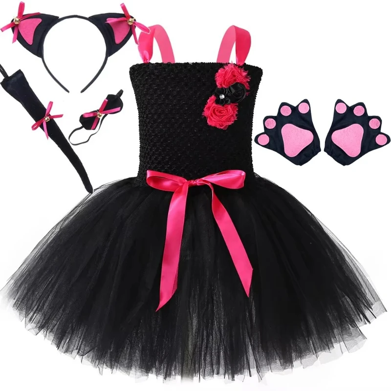 Baby Mädchen Rosa Schwarze Katze Gefütterte Kleider für Kinder Geburtstag Halloween Kostüme Kinder Tier Kitty Outfit mit Ohren Fliege Schwanz