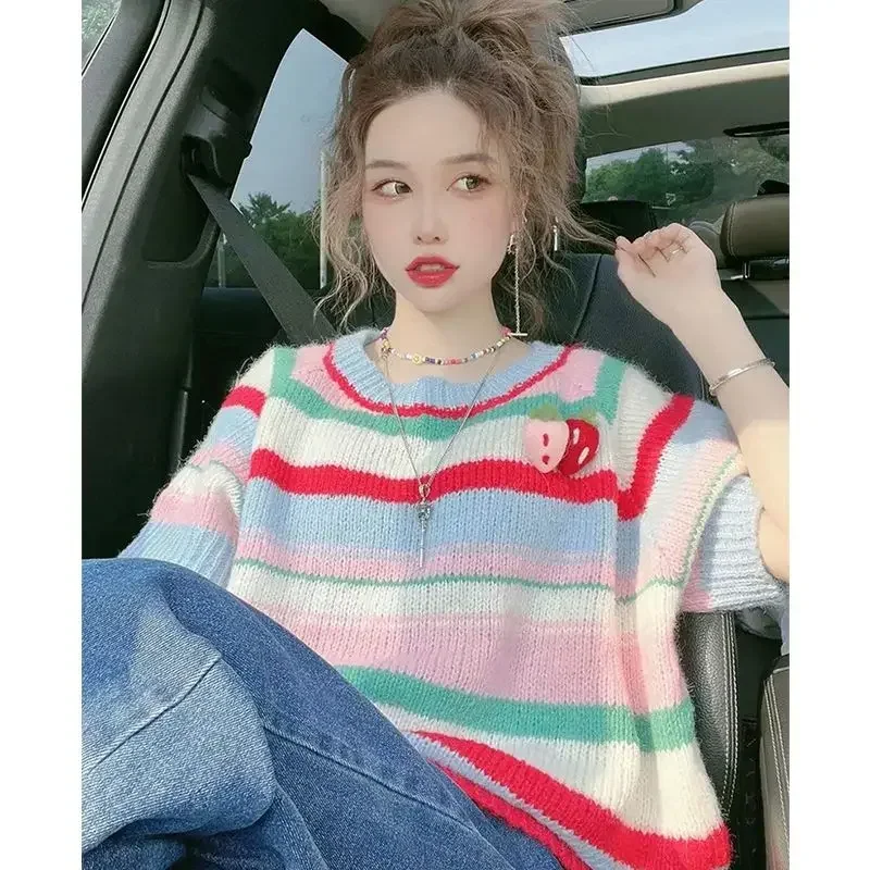 Vintage Kawaii Clothes Y2k Top Harajuku Grunge Aesthetic Hotsweet Graphic T Shirts Striped Knit Short Sleeved Strawberry Sweater