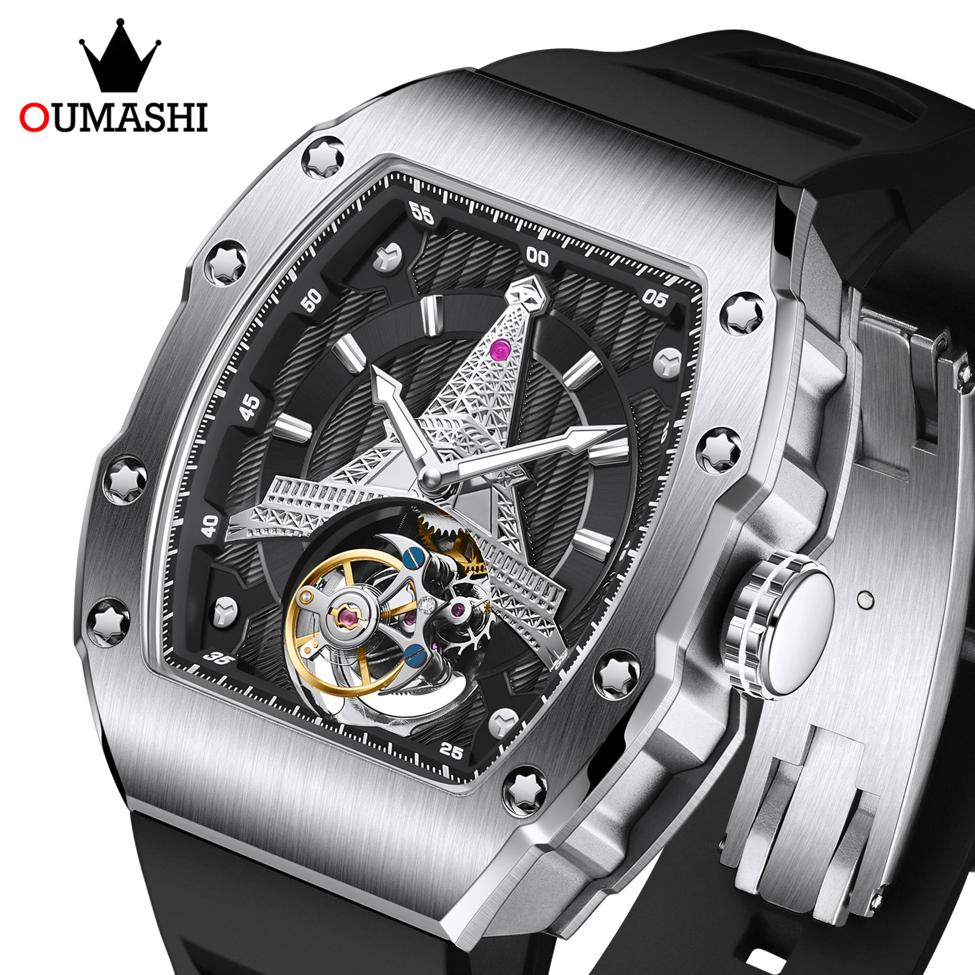 OUMASHI Tourbillon Eiffel Tower 41.7mm Men’s Luxury Watch Mechanical Construction Original Tourbillon Movement