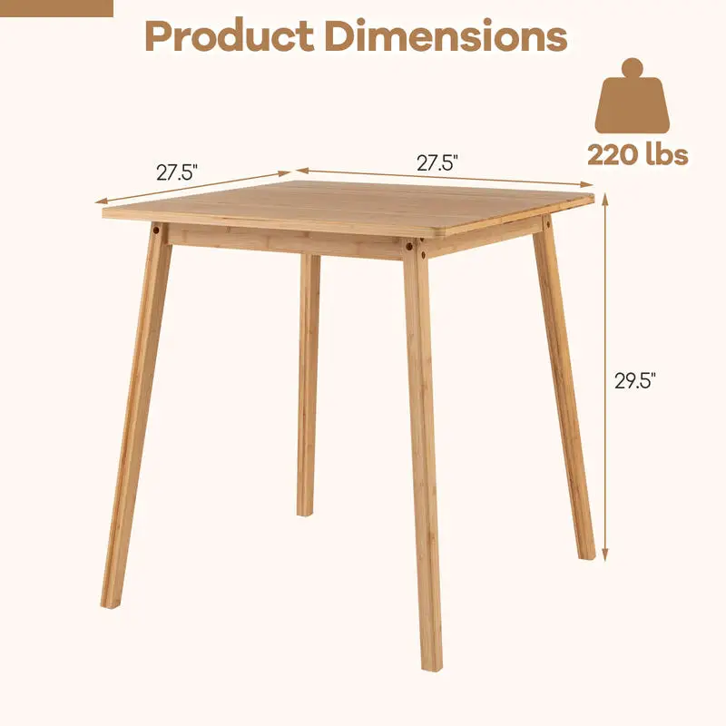 27.5 Inch Square Bamboo Dining Table, Sturdy Frame With Non-Slip Foot Pads, Versatile Writing Desk For Apartment Breakfast Nooks, Natural Finish