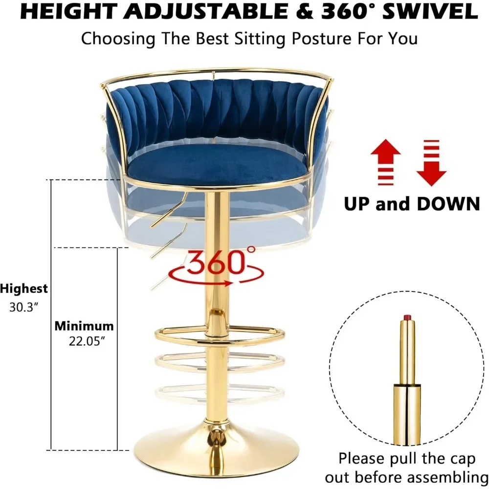 360 °   Taburetes de bar giratorios, silla de bar de terciopelo con altura de mostrador ajustable moderna, taburete de metal dorado