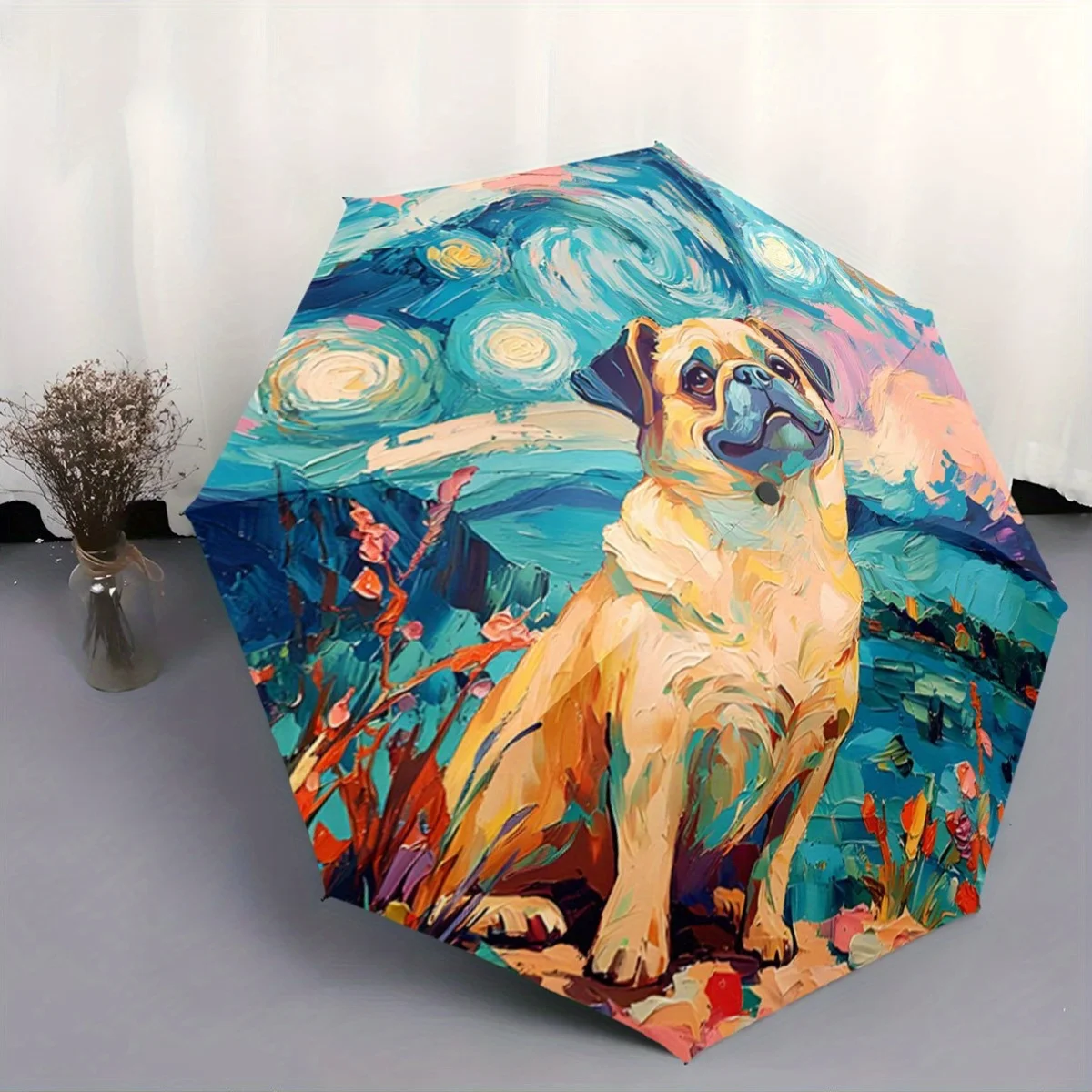 

Automatic Open/Close Folding Umbrella with Colorful Pug & Vibrant Meadow Backdrop - 8-Rib Portable Compact Design, Durable Pla