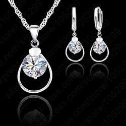 925 Sterling Silver Color Swiss CZ Crystal Lever Back Loop Earring Pendant Necklace Woman Wedding Bridal Party Jewelry Sets