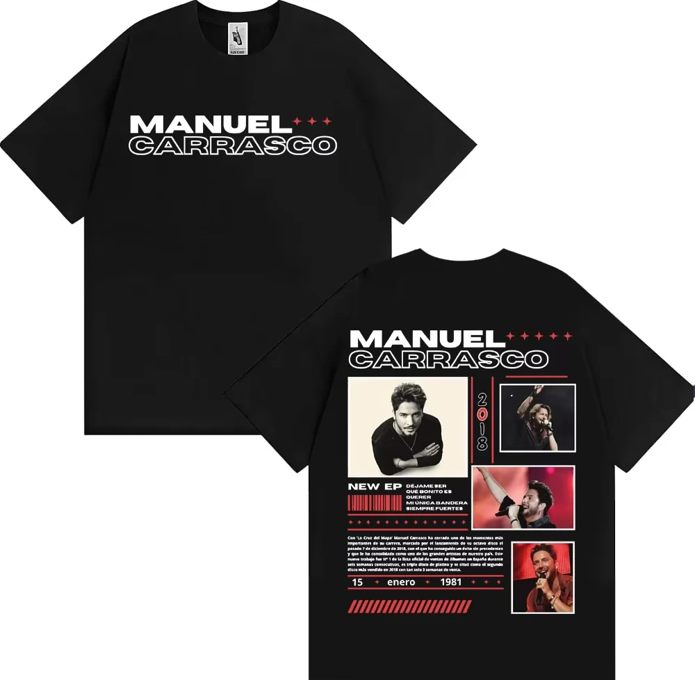 Modna koszulka hip-hopowa retro dla mężczyzn i kobiet, codzienna koszulka z krótkim rękawem, koszulka z okładką albumu rapera Manuel Carrasco z trasy koncertowej.