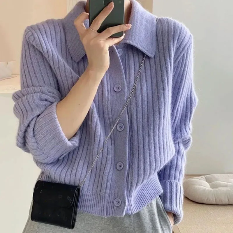 

Autumn and Winter New Knitted Cardigan Women Long Sleeve Turn Down Collar Button Up Sweater Woman Solid Soft Warm Short Knitwear