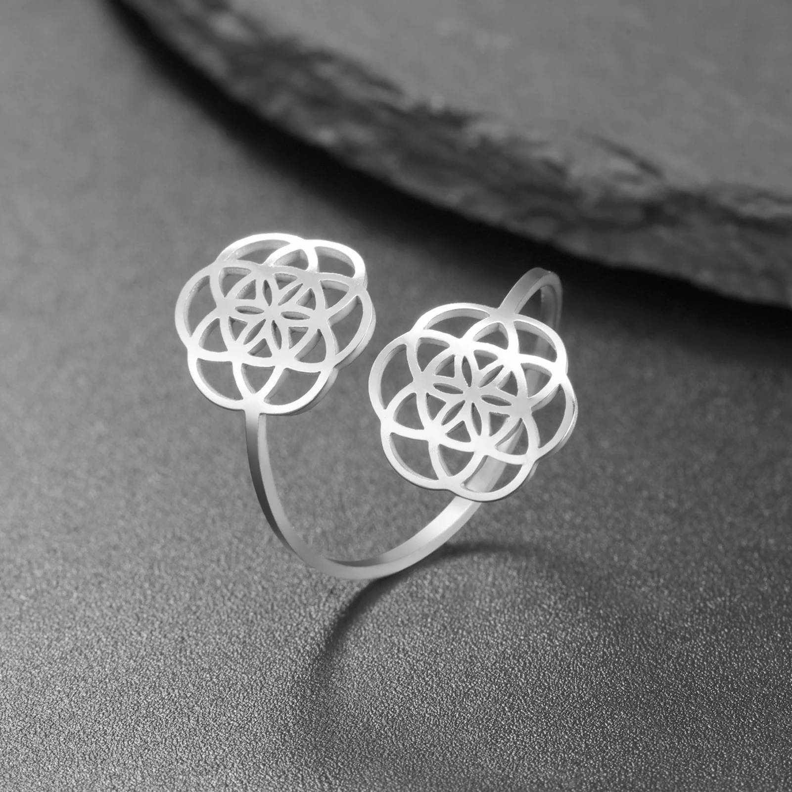 Heilige Geometrie Blume des Lebens Ring Damen Edelstahl verstellbarer Ring Vintage Talisman Schmuck Party Geschenk