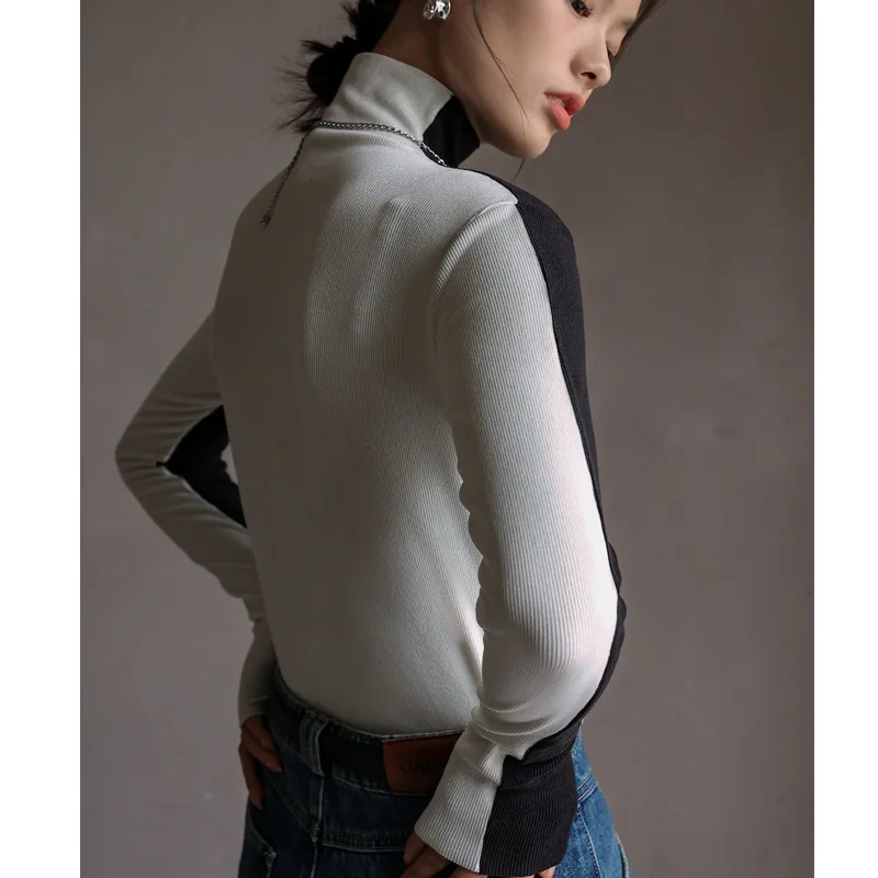 Autumn and winter threaded pile collar high collar women\'s color-blocked slim long-sleeved front and back base layer