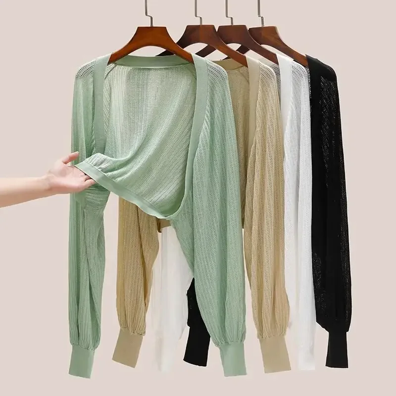 

Slim Fit Women's Ice Silk Sunscreen Knit Jacket Solid Short Cardigan Air-Conditioned Outwear Top 2024