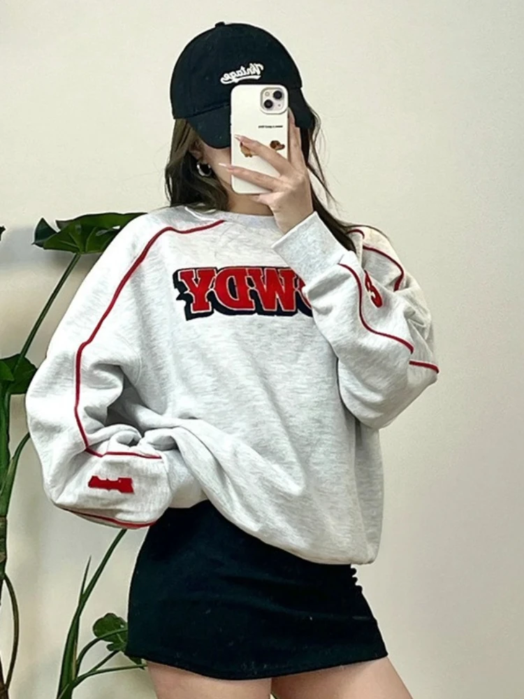 

Y2k Эстетическая толстовка с буквами, женская толстовка с круглым вырезом, корейская мода, уличная одежда, толстовка с капюшоном в американском стиле ретро, большие топы с длинными рукавами
