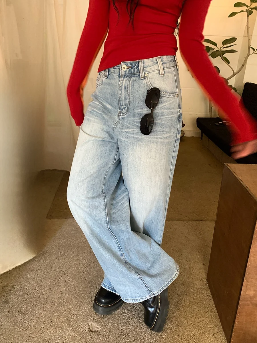 

Sinbounboun High Waist Straight Leg Vintage Washed Jeans Women's Casual Pants Retro Style Versatile Loose Fit Autumn Winter